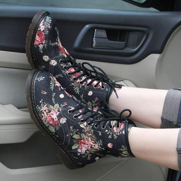 Hip Lace Up Round Toe Flowery Print Street Wear Ankle Boots Verkadi.com