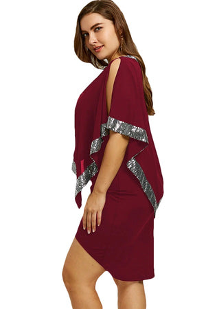 Sequined Choke V Neck Plus Size Split Sleeve Mini Dress