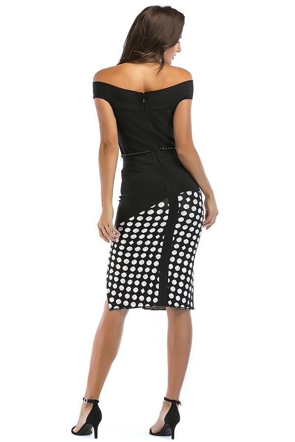 Elegant Off Shoulder Polka Dot Bodycon Midi Dress