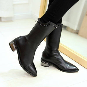 New Genuine Leather Pointed Toe Riveted Long Ankle Boots