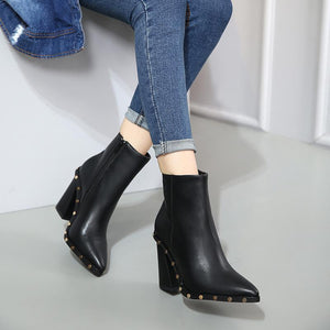 Hot Pointed Toe PU Leather Chunky Heels Ankle Boots verkadi.com