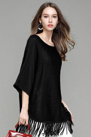 Knitted Bat-Wing Tassel Sleeve Sweaters Pullovers Tops