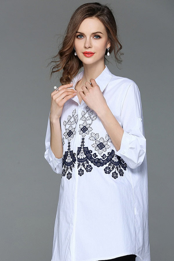 Cotton Loose Turn-Down Collar Long Blouse Shirt Top