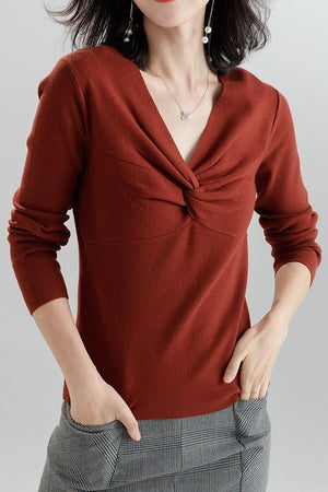 V Neck Wool Knitted Twisted Sweater Pullover Top