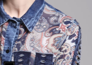 Denim Patchwork Turn-down Collar Chiffon Shirt Blouse Top