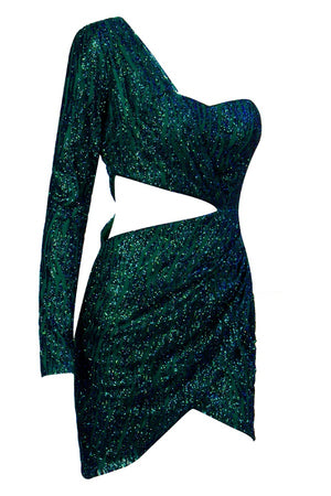 Sexy Green Cut Out Single Sleeve Glitter Party Mini Dress