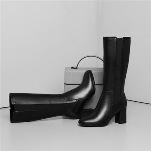Smart Genuine Leather Mid Calf High Square Heel Long Boots Verkadi.com
