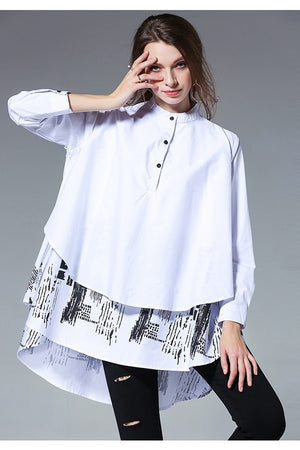 Loose Printed Geometric Cotton Women Top Blouse Shirt
