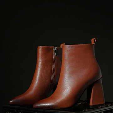Pointed Toe Genuine Leather Square High Heel Ankle Boots