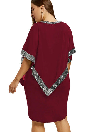 Sequined Choke V Neck Plus Size Split Sleeve Mini Dress