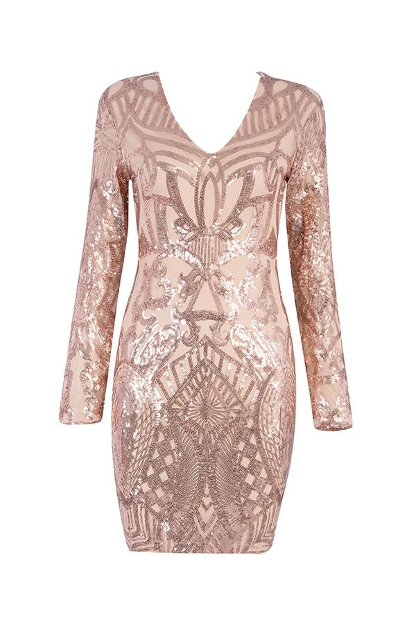 Sexy Long Sleeve Sequin Deep V Neck Party Mini Dress