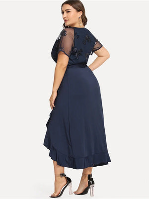 Elegant Plus Size Deep V Neck Ruffle Sequin Mesh Wrap Long Dress