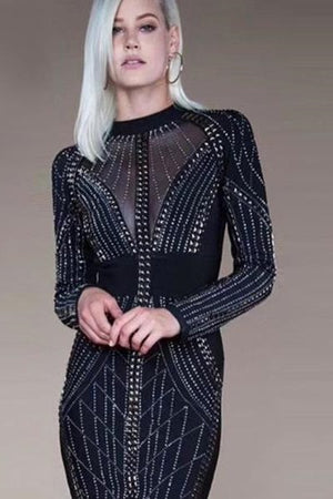 Chic Beading Bandage Long Sleeve Bodycon Party Mini Dress