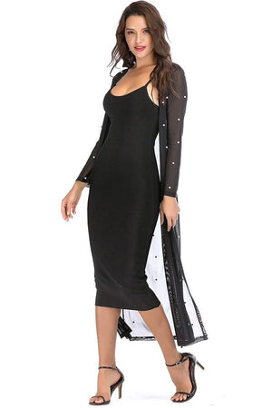 Two Piece Long Sleeve Kimono Mesh Mid Calf Dress