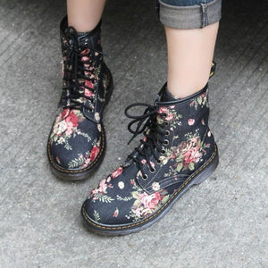 Hip Lace Up Round Toe Flowery Print Street Wear Ankle Boots Verkadi.com