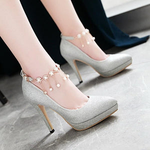Smart High Heel Ankle Strap String Bead Pump Shoes Verkadi.com