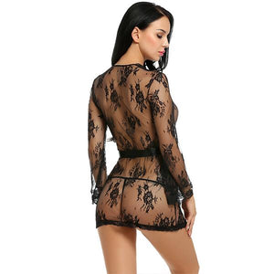 Sexy Robe Gown Lace Front Tie Flare Sleeve Lingerie Set Verkadi.com