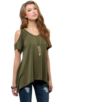 Army Green V Neck Cold Shoulder Swing Top Loose Top Verkadi.com