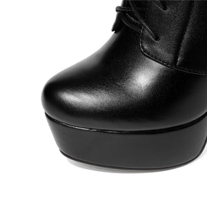 Genuine Leather Shoelaces Spike High Heels Platform Long Boots