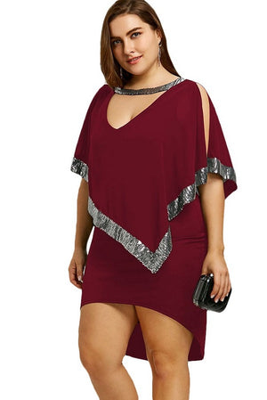 Sequined Choke V Neck Plus Size Split Sleeve Mini Dress