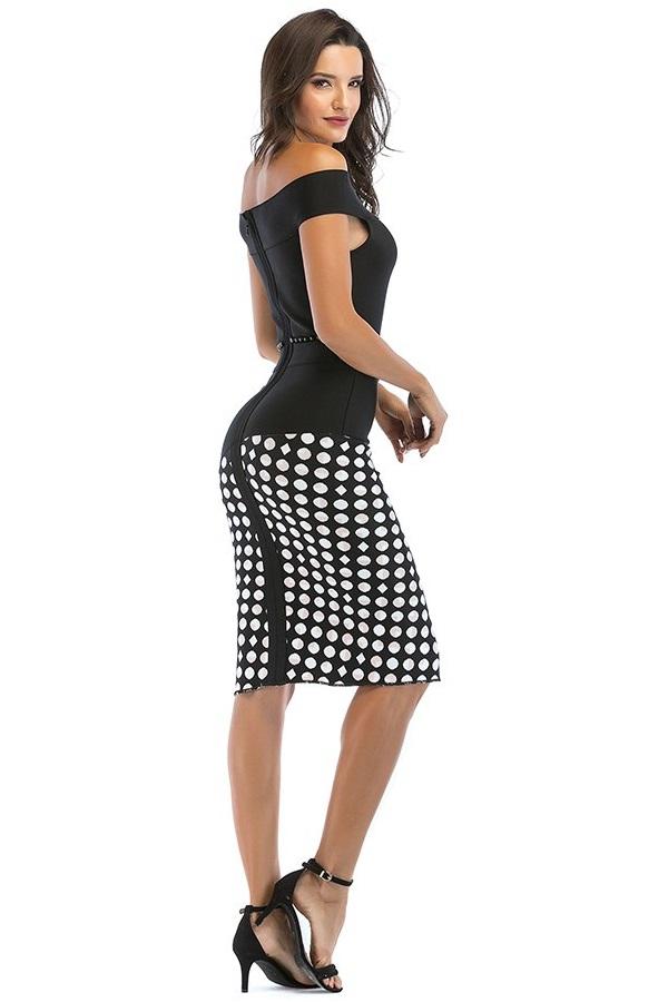 Elegant Off Shoulder Polka Dot Bodycon Midi Dress
