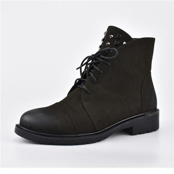 New Rivet Lace Up Chunky Low Heel Ankle Boots