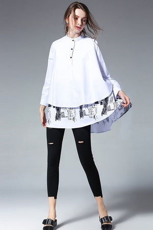 Loose Printed Geometric Cotton Women Top Blouse Shirt