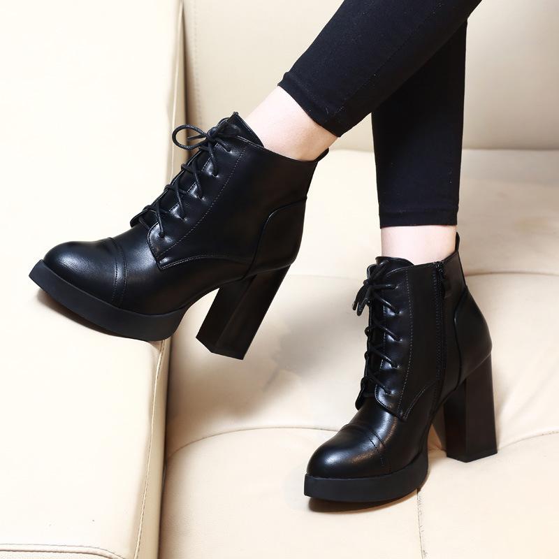 Round Toe Leather Thick Heel Plus Size Women's Short Boots main image 1