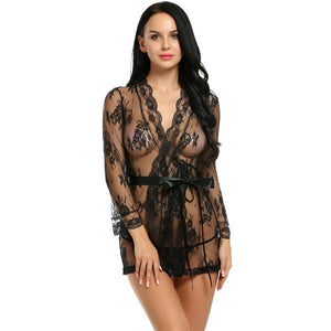 Sexy Robe Gown Lace Front Tie Flare Sleeve Lingerie Set Verkadi.com