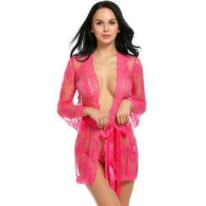 Sexy Robe Gown Lace Front Tie Flare Sleeve Lingerie Set Verkadi.com