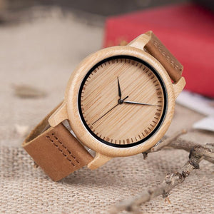Bamboo Wood Casual Leather Strap Quartz Watch Verkadi.com