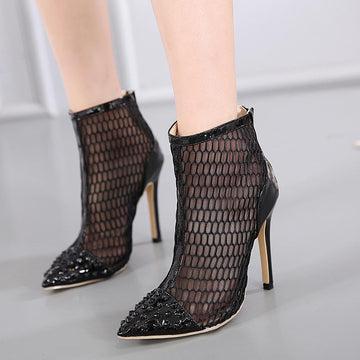 Pointed Toe Net Pu Leather Thin Heels Pumps Shoes Verkadi.com