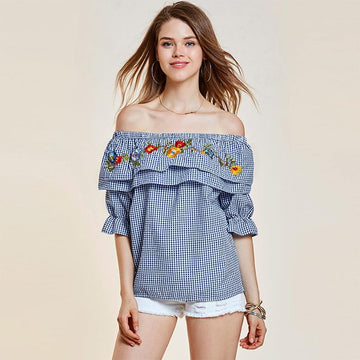 Stripe Slash Neck Fallback Embroidery Top Blouse Verkadi.com