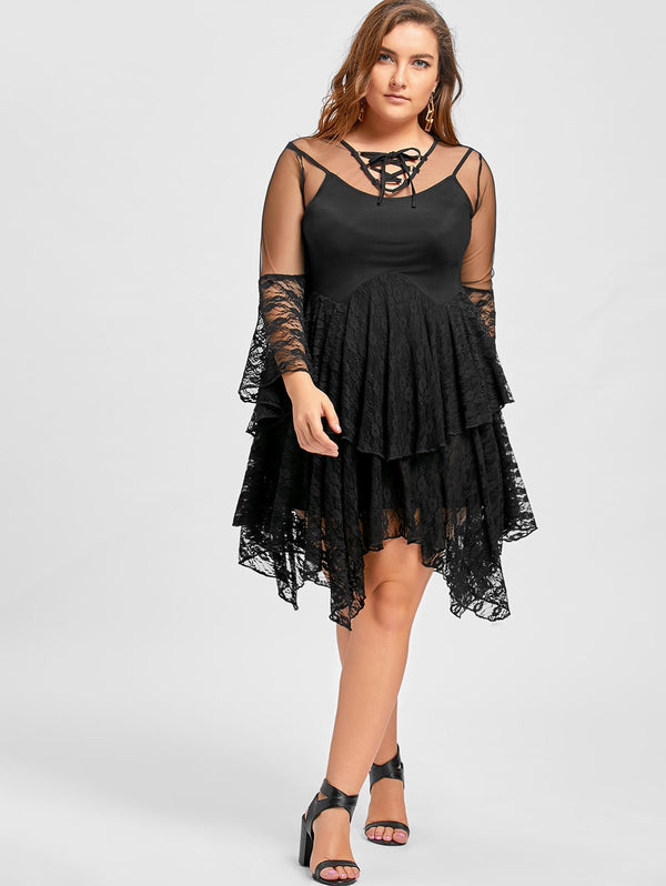 Sexy Sheer Ruffles Tiered Lace Hollow Out Vintage Gothic Dress