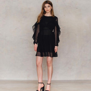Solid Black Mesh Sheer Ruffles Lace-up Mini Dress