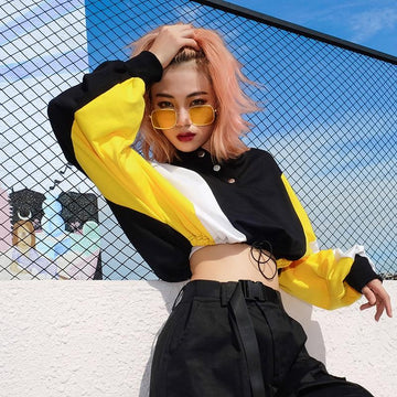 Hip Patchwork Crop Long Sleeve Street Wear Hoodie Sweatshirt Verkadi.com