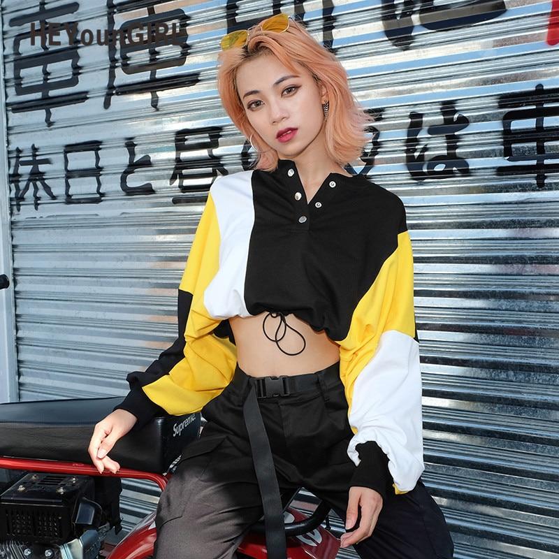 Hip Patchwork Crop Long Sleeve Street Wear Hoodie Sweatshirt Verkadi.com