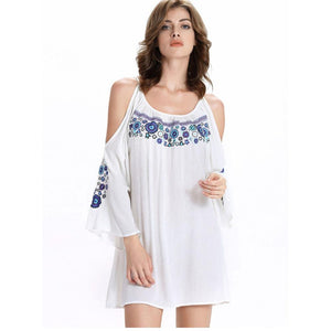 Embroidery Print Flare Sleeve Backless White Dress Top Verkadi.com