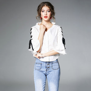Hip Crop Top V-neck Flare Sleeve Lace Up Shirt Blouse Top Verkadi.com