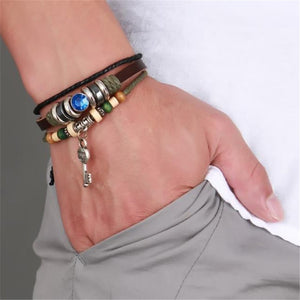 Hip Woven Calfskin Rope Wood Bead Key Unisex Bracelet