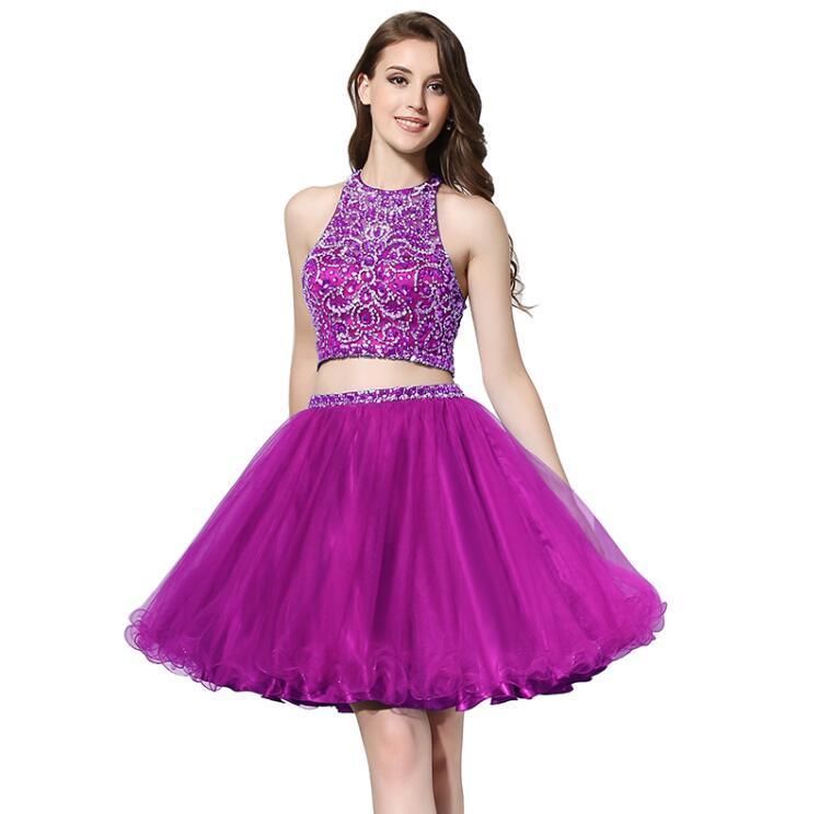 Halter Crystal Beaded Puffy Two Piece Prom Dress Verkadi Halter Crystal Beaded Puffy Two Piece Prom Dress Verkadi
