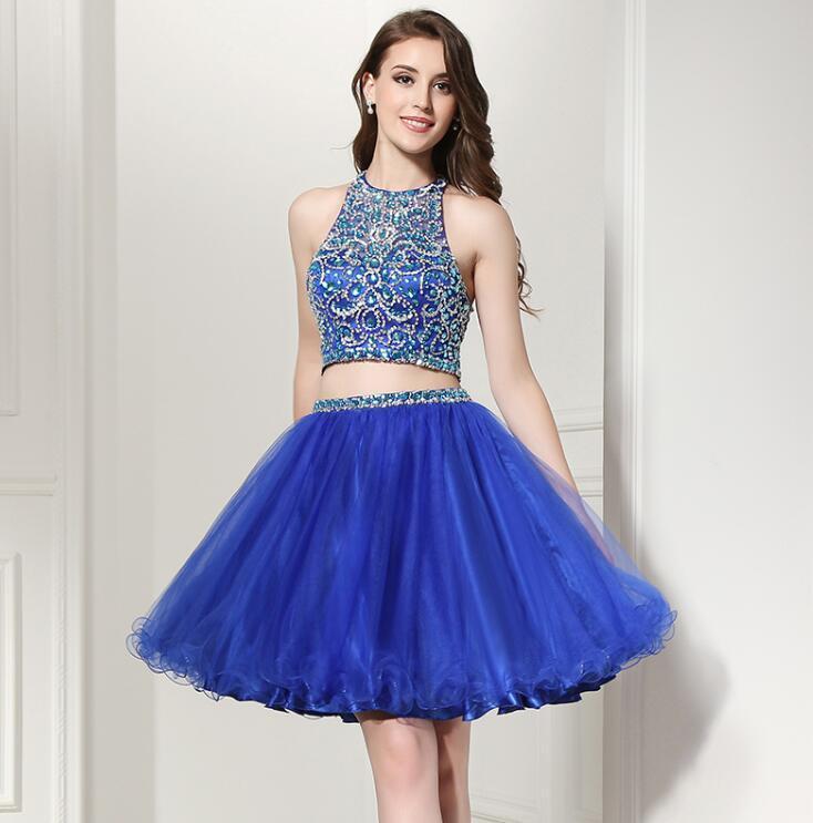 Halter Crystal Beaded Puffy Two Piece Prom Dress Verkadi Halter Crystal Beaded Puffy Two Piece Prom Dress Verkadi