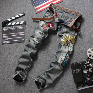Flowery Snake Pattern Hole Design Patches Embroidered Jeans