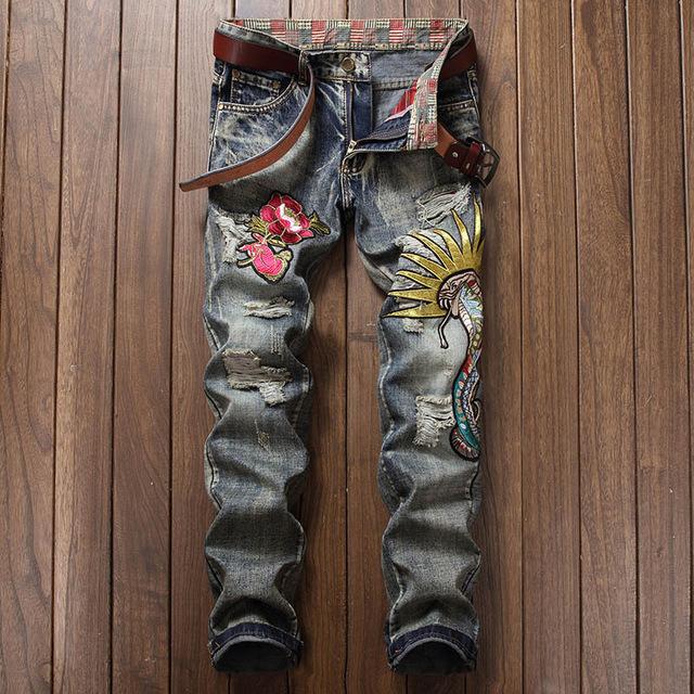 Men Jeans Patchwork Ripped Embroidered Holes Patches Design Slim