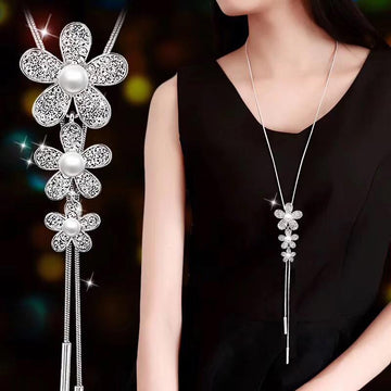Cute 3 Flowers Crystal Pearl Collier Geometric Pendant