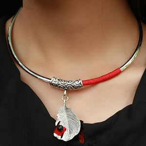 Silver Feather Red Silk Lines Chokers Necklace Verkadi.com