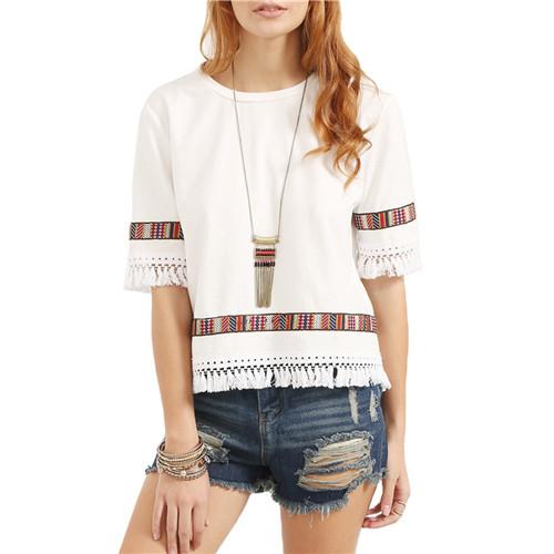 Vintage Embroidered Half Sleeve Fringe Blouse Tops Verkadi.com