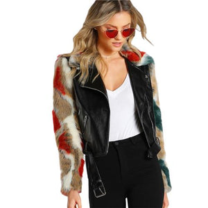 Multi Color Faux Fur Sleeve & Collar Leather Hip Jacket Verkadi.com