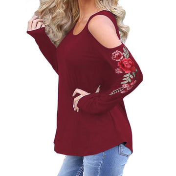 Sexy Cold Shoulder Long Sleeves Floral Embroidery Top Verkadi.com