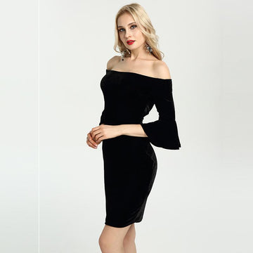 Sexy Off Shoulder Ruffle Sleeve Velvet Short Club Party Dress Verkadi.com